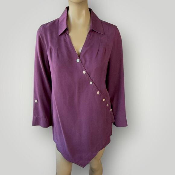 Soft Surroundings Asymmetrical Button Tunic Tops Roll Tab Sleeves Size PL Purple - Picture 1 of 16